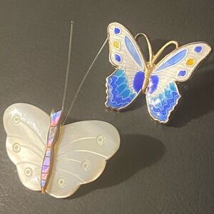 Vintage Set of 2 Butterfly Brooch Gold Metal & Enamel And  Mother-Of-Pearl